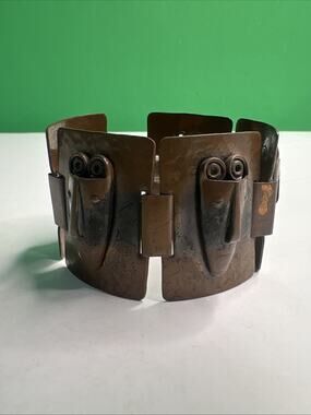 Rebajes Signed Vintage Tribal Masks Copper Bracelet 1950s Brazilian